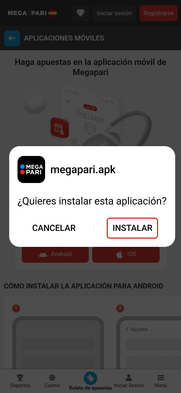 Instala la aplicación MegaPari e inicia sesión para acceder a tu cuenta.