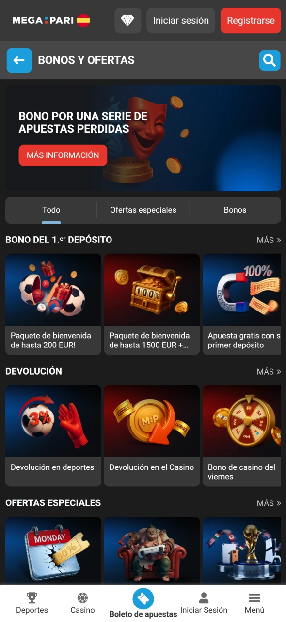 Descubre promociones disponibles desde la app de MegaPari para jugadores españoles.