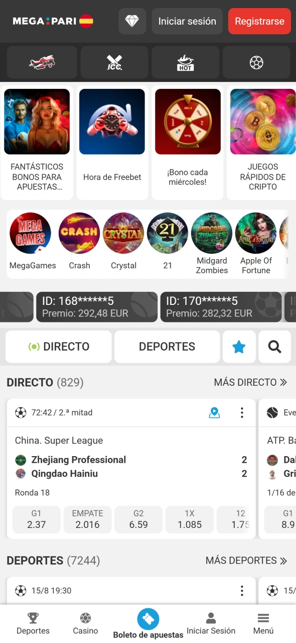 Navega por la página principal de la app MegaPari desde cualquier dispositivo.
