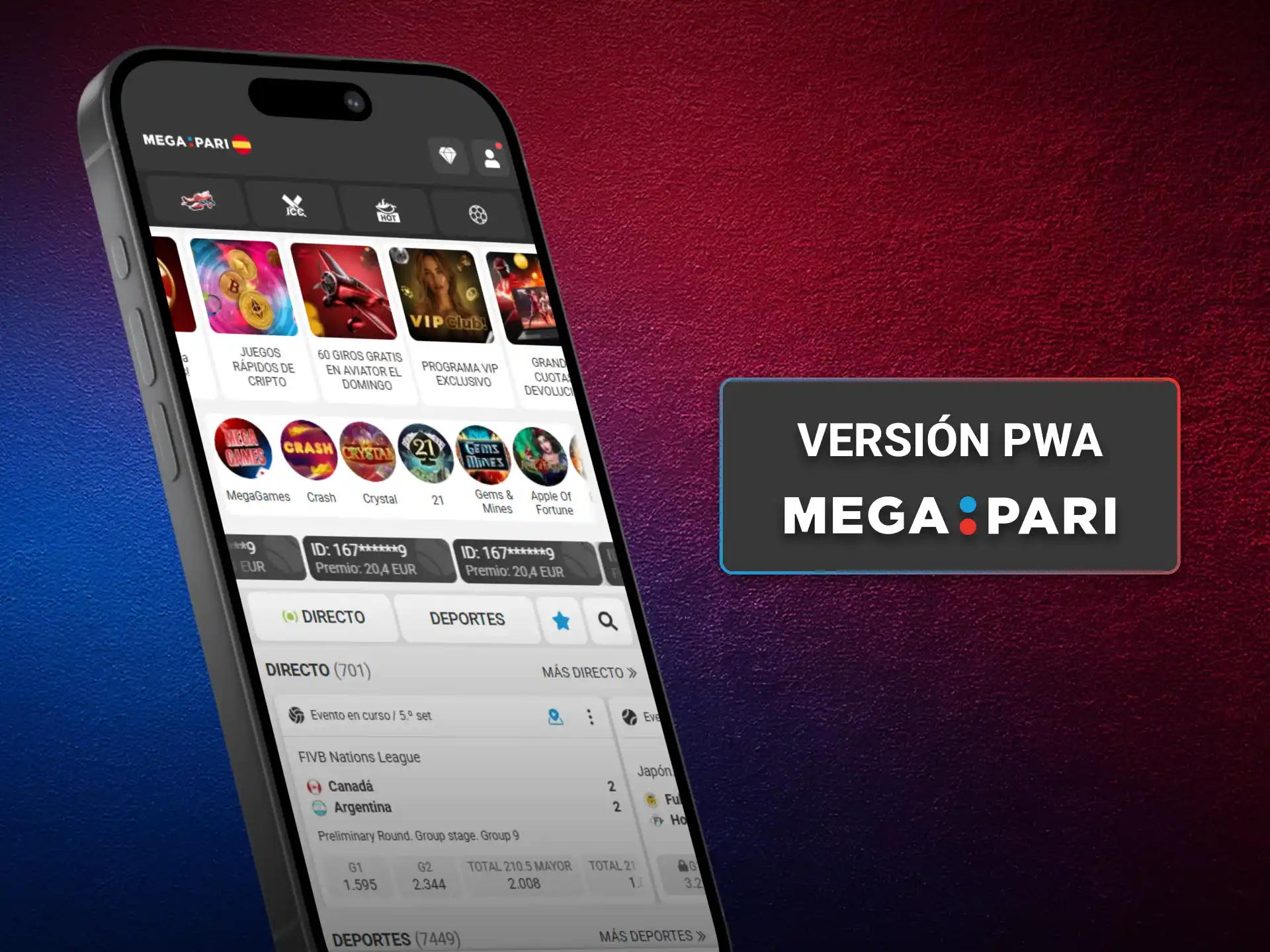 Utiliza la aplicación web progresiva MegaPari para acceder sin instalación.