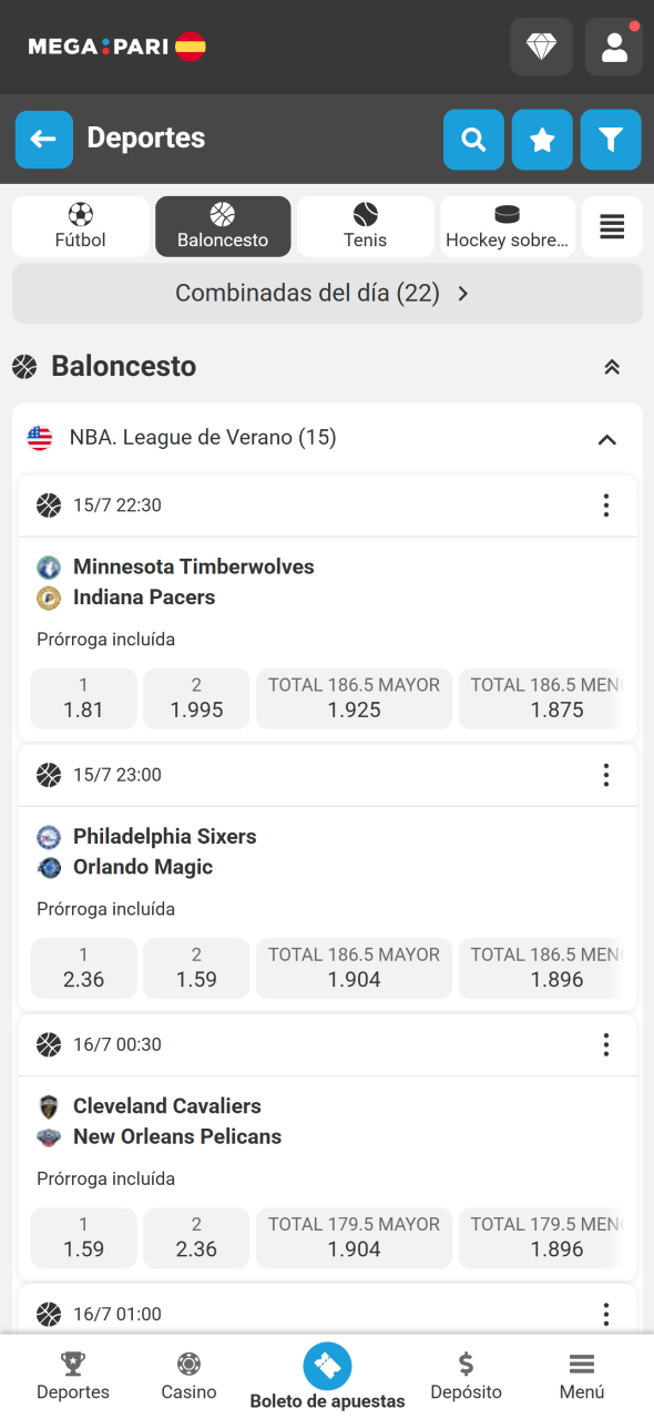 Elige una liga o competición de baloncesto disponible en MegaPari.