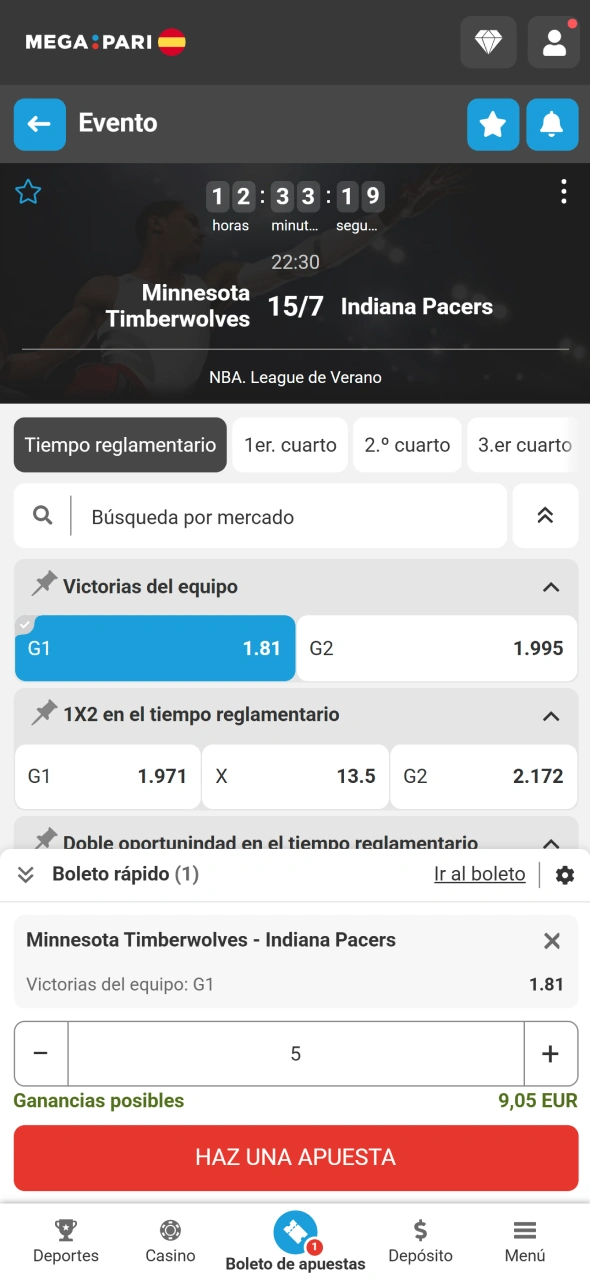 Introduce el importe y confirma tu apuesta de baloncesto en MegaPari.