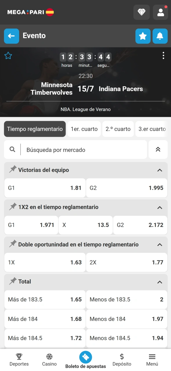 Selecciona un partido y un mercado de baloncesto en MegaPari.