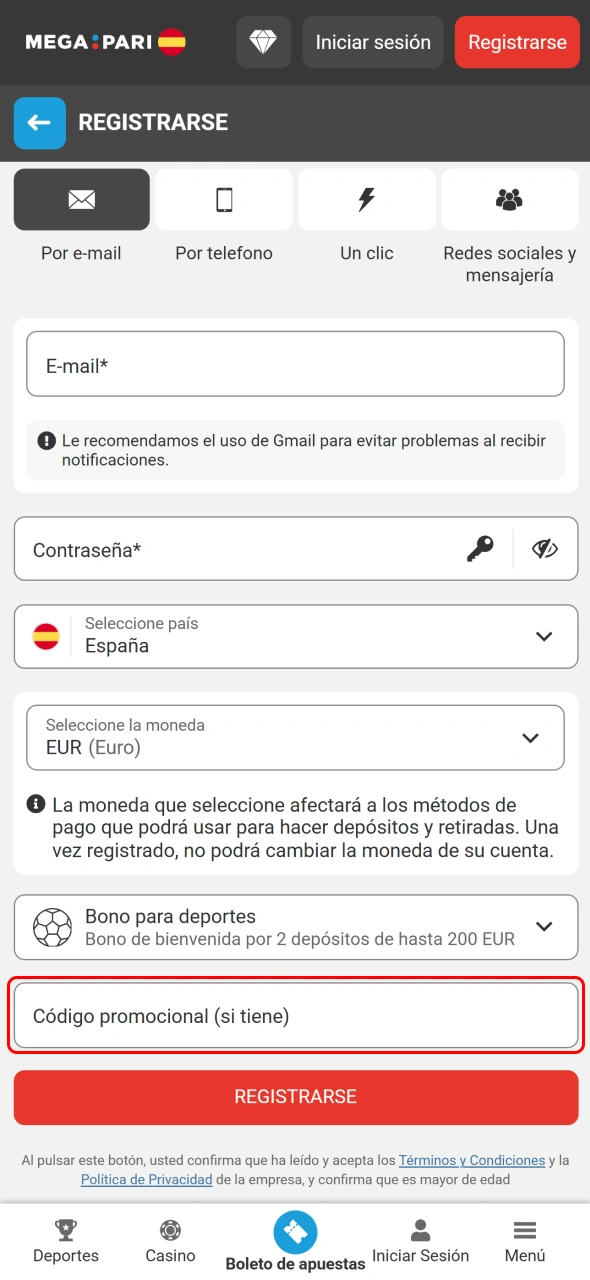 Introduce tu código promocional de MegaPari para activar la oferta correspondiente.