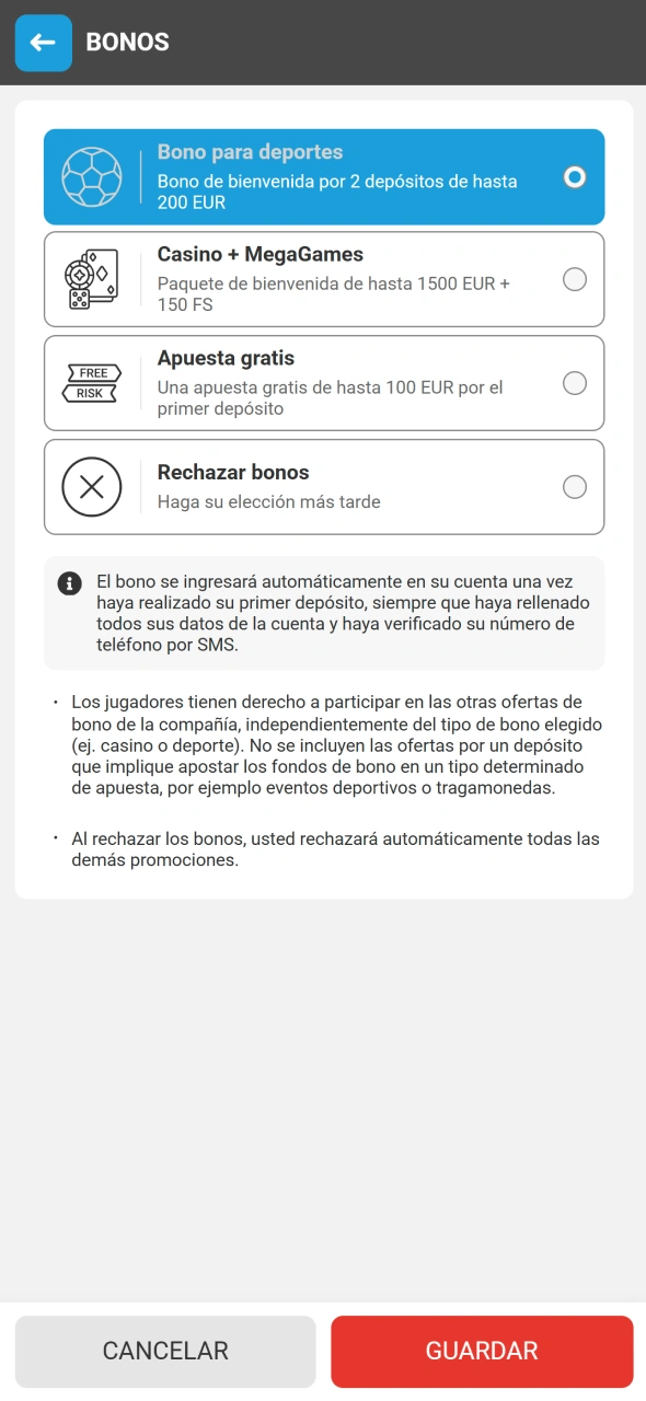 Selecciona tu bono de bienvenida disponible al crear una cuenta en MegaPari.
