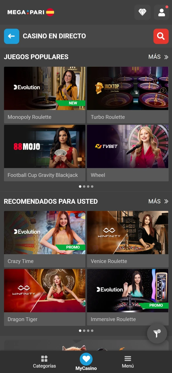 Abre una mesa de casino en vivo de MegaPari y comienza a jugar.