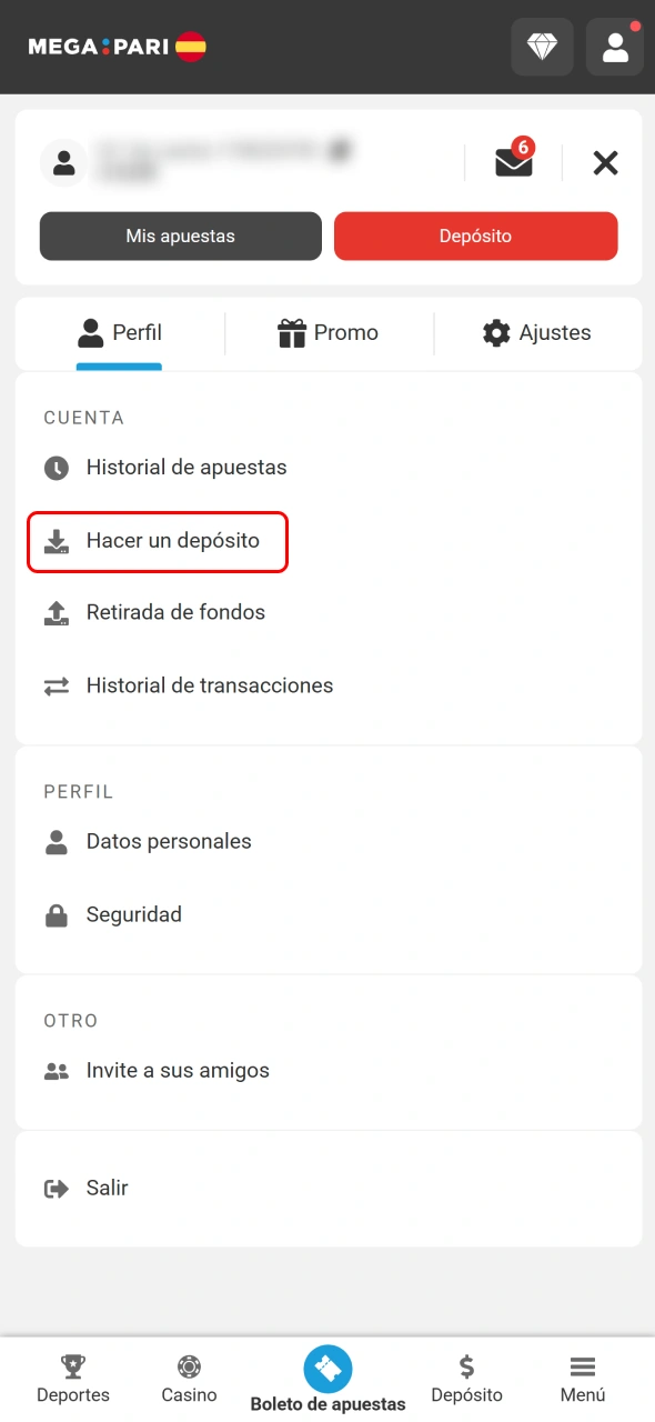 Accede a la sección de caja de MegaPari para efectuar tu depósito.