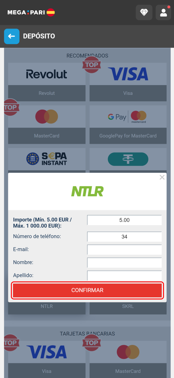 Confirma la transacción para completar tu depósito en MegaPari.