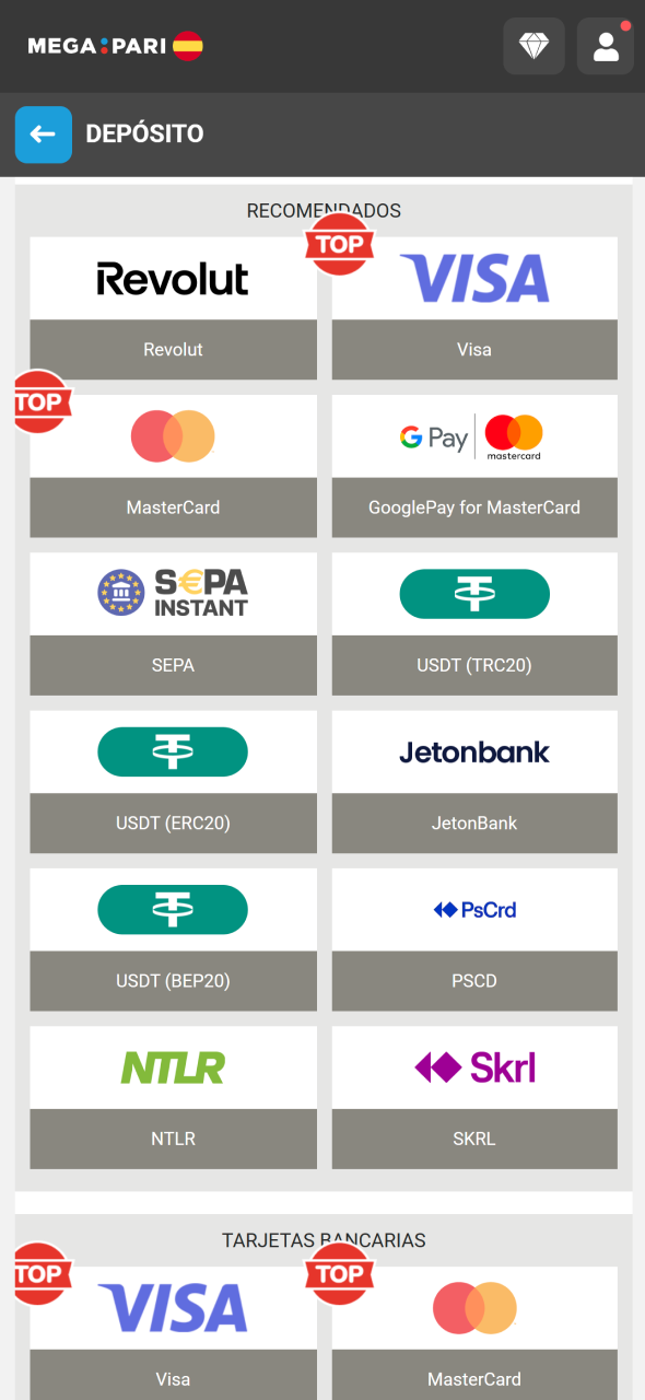 Elige tu método de pago preferido para depositar en MegaPari.