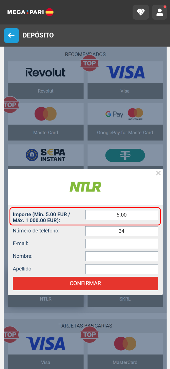 Introduce el importe del depósito en MegaPari y revisa la operación.