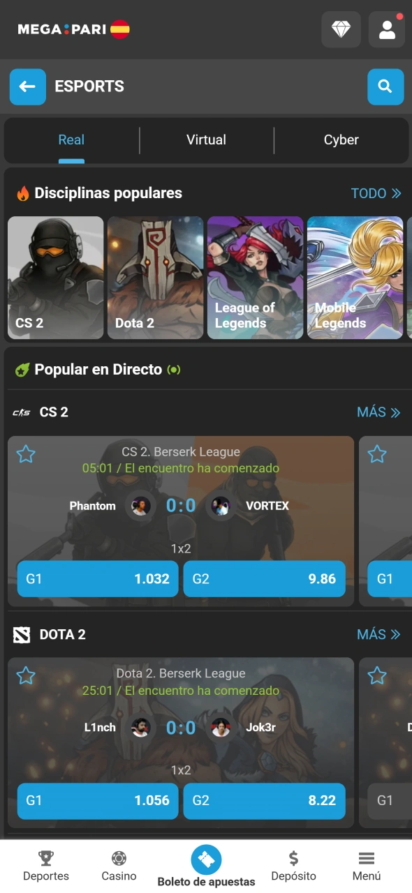 Abre la sección de eSports en la aplicación MegaPari para explorar mercados.