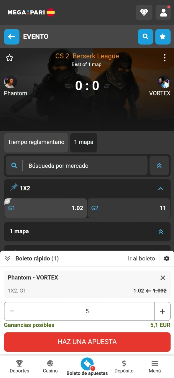 Confirma el importe de tu apuesta de eSports en la aplicación MegaPari.