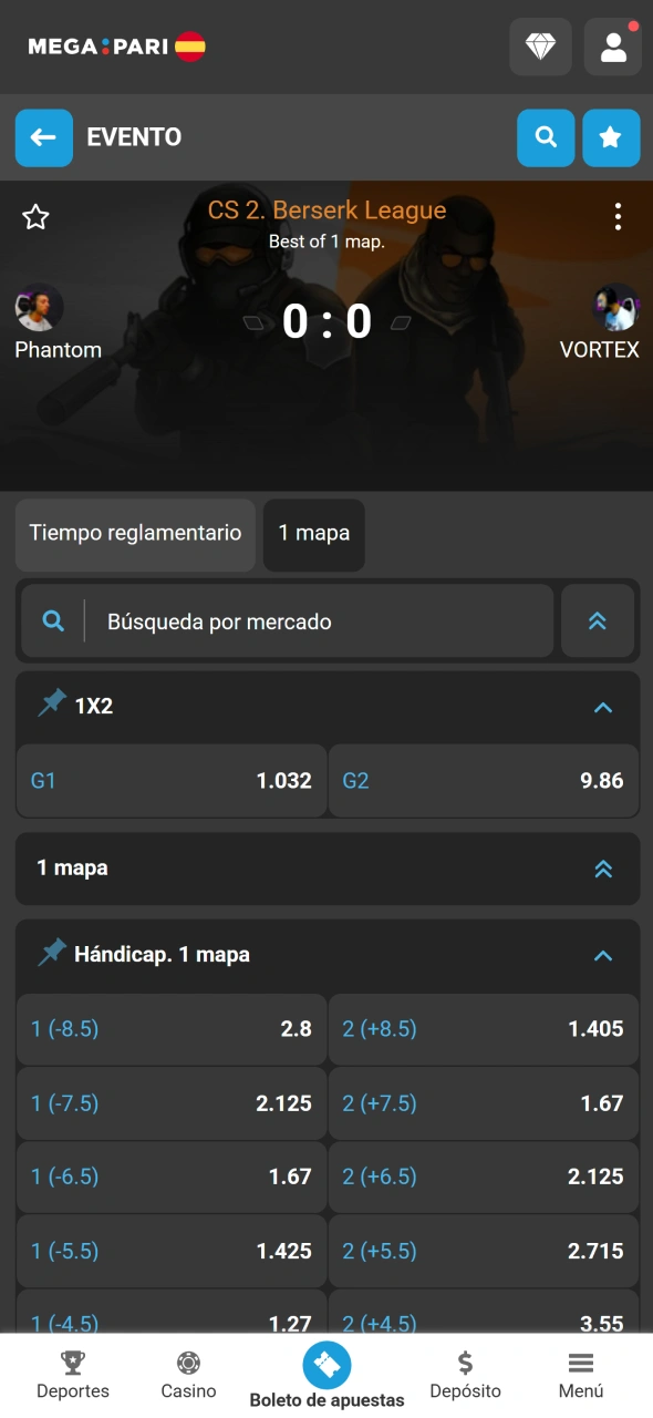 Selecciona un mercado de eSports y añade tu apuesta en MegaPari.