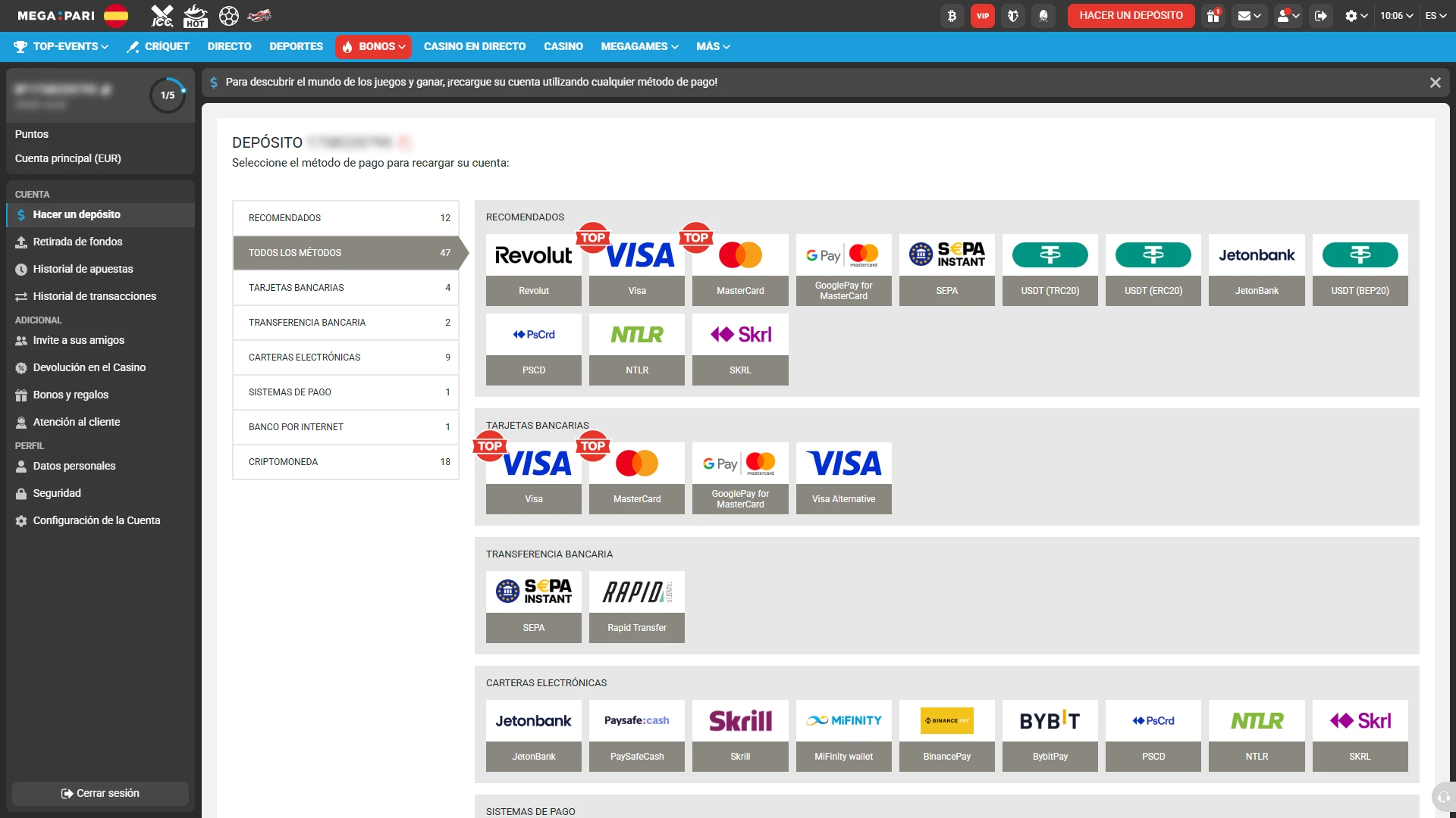 Realiza tu primer depósito en MegaPari para apostar en eSports.