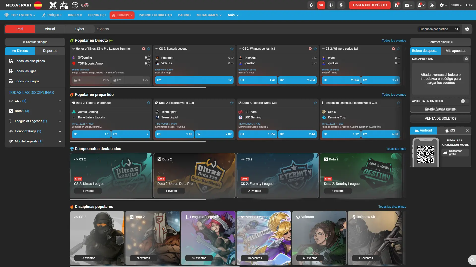 Accede a la sección de eSports disponible en MegaPari España.