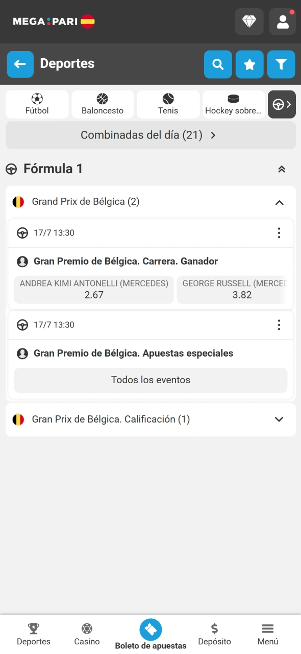 Elige un Gran Premio de Fórmula 1 para apostar en MegaPari.
