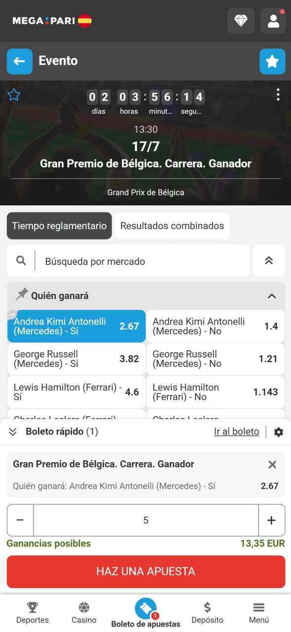 Confirma tu apuesta de Fórmula 1 en MegaPari correctamente.
