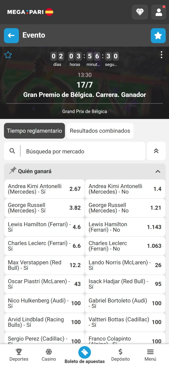 Selecciona una cuota de Fórmula 1 en MegaPari y revisa la apuesta.