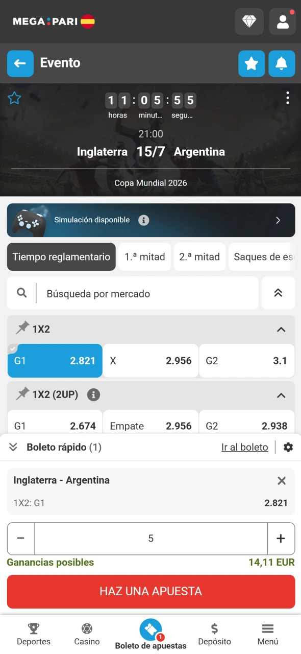 Coloca tu apuesta de fútbol en MegaPari y confirma la selección.