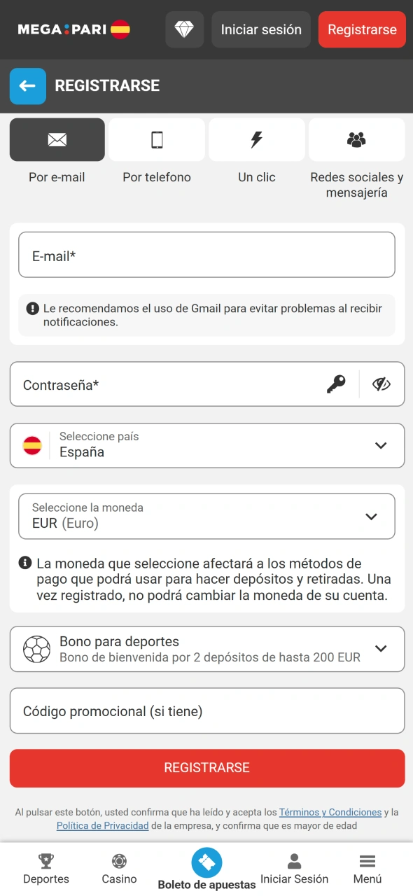 Crea tu cuenta en MegaPari para apostar al fútbol.
