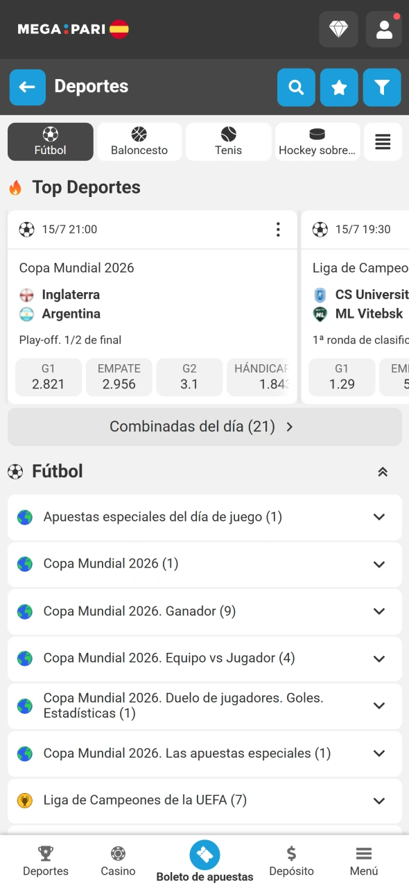 Selecciona una liga y un partido de fútbol en MegaPari.