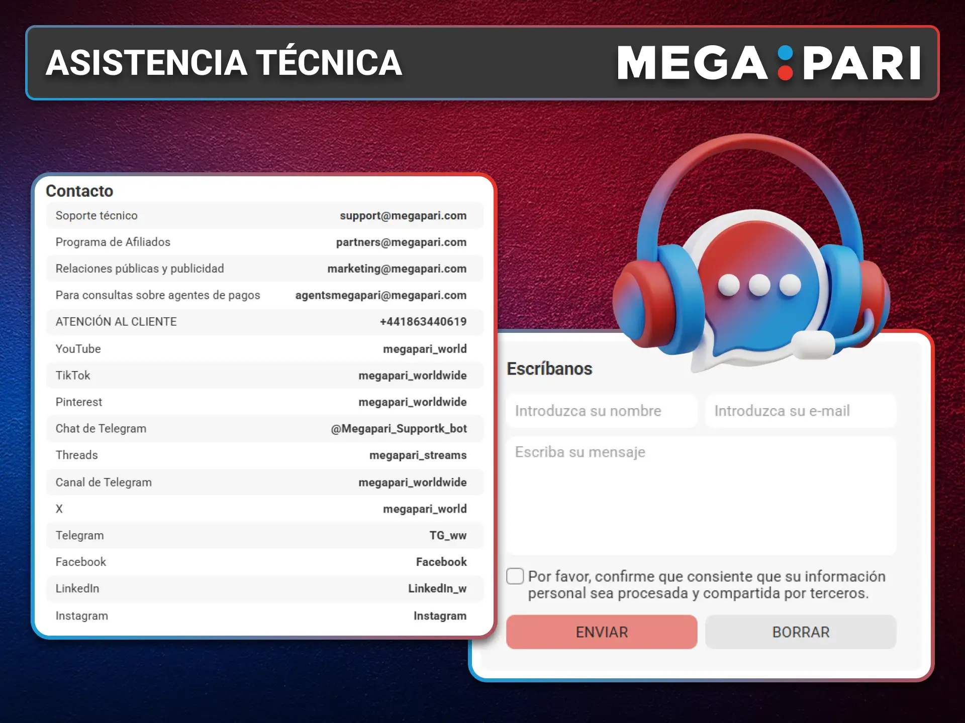 Contacta con la asistencia técnica de MegaPari siempre que necesites ayuda.
