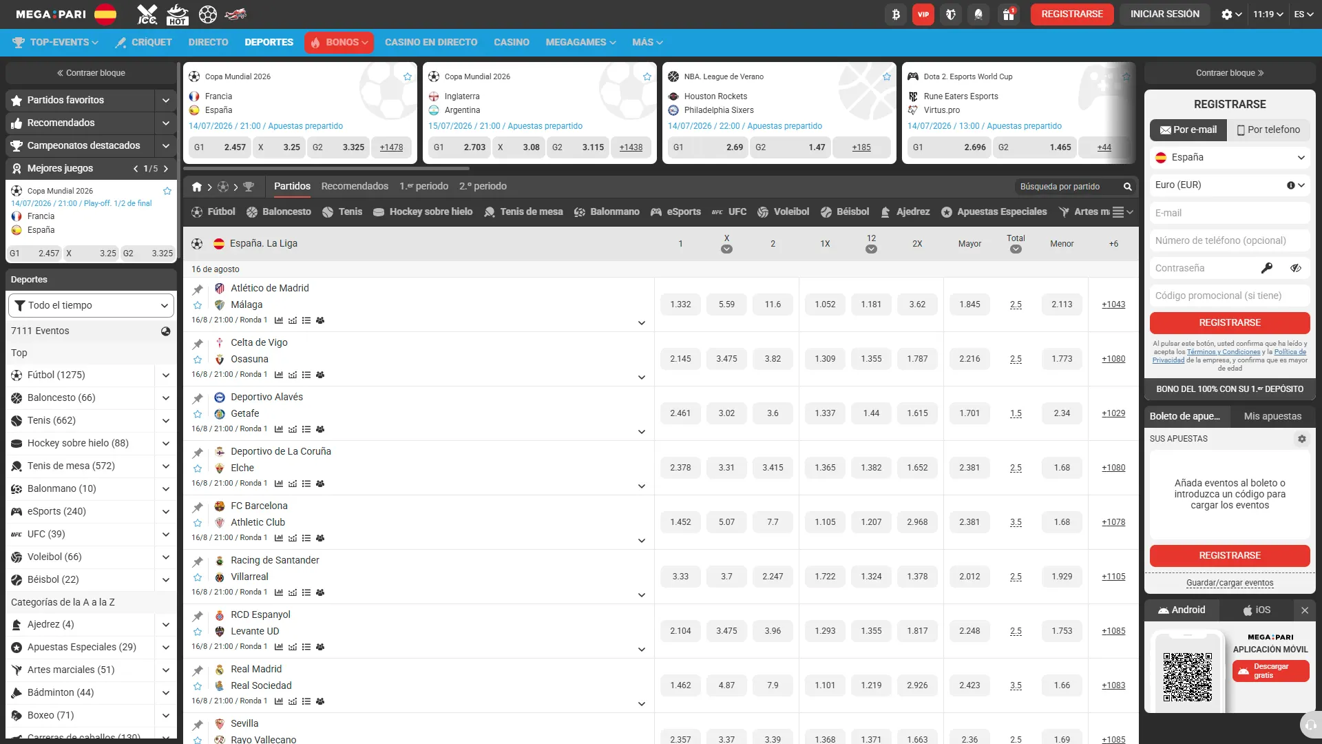 Accede a las apuestas deportivas de MegaPari y explora múltiples mercados disponibles.