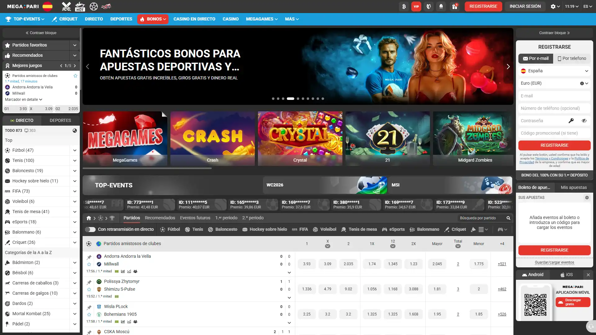 Navega por la página principal de MegaPari España y descubre todas las secciones.