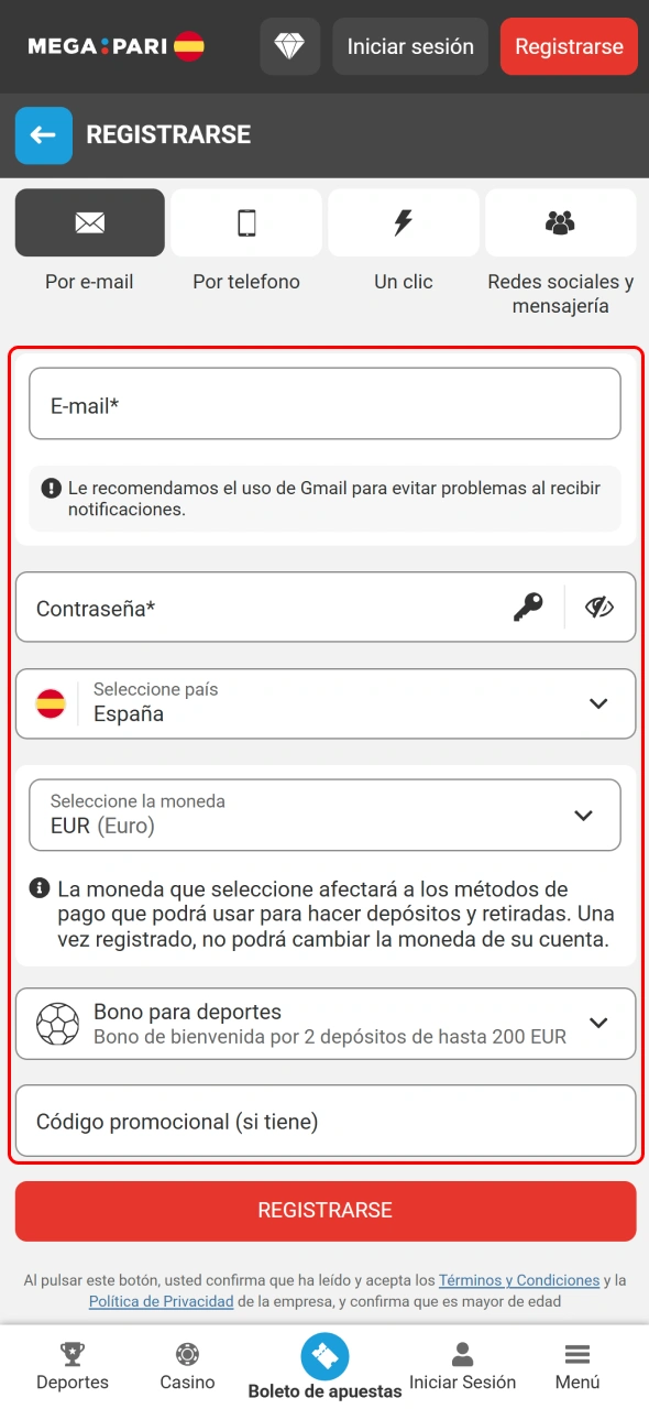 Completa el formulario de MegaPari con tus datos para finalizar el registro.