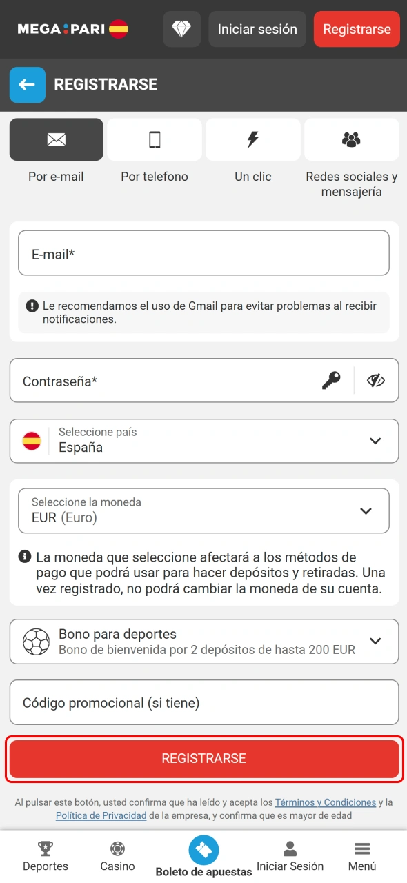 Concluye el registro en MegaPari y empieza a disfrutar de todas sus funciones.
