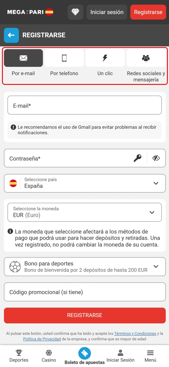 Elige el método de registro que prefieras para unirte a MegaPari España.