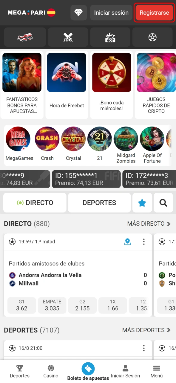 Pulsa el botón de registro en MegaPari para comenzar a crear tu cuenta.
