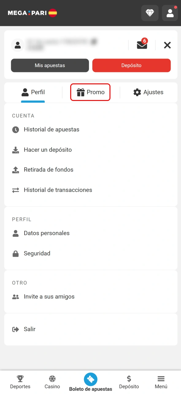 Accede a la sección de bonos de MegaPari para activar la promoción.