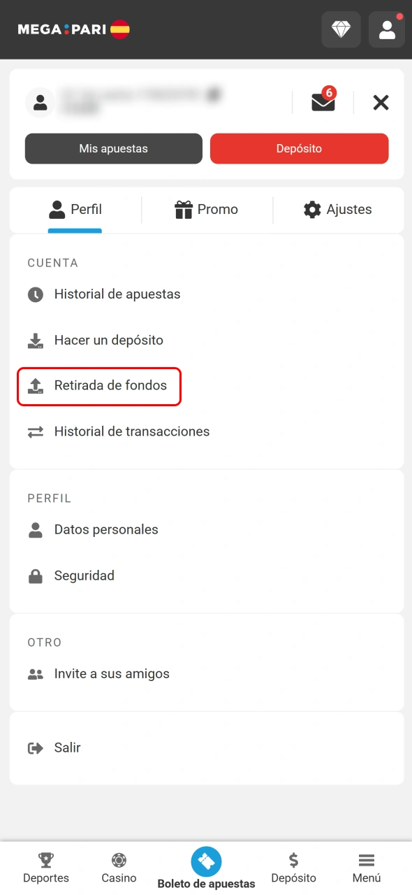 Ve a la sección de caja de MegaPari para retirar fondos.