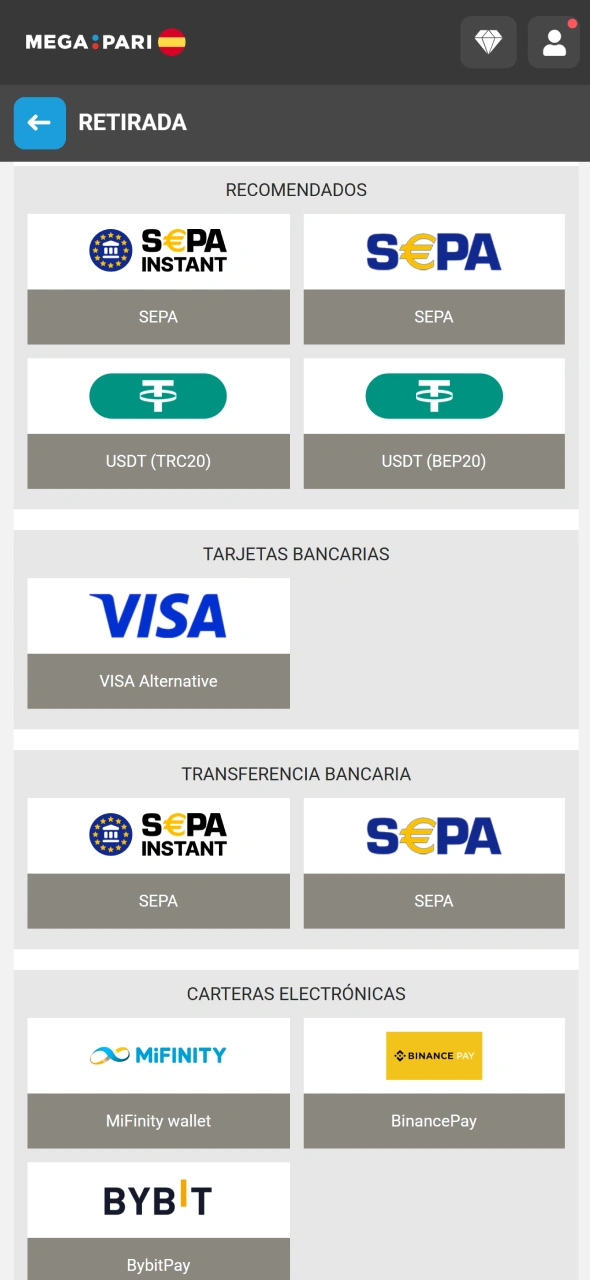 Elige tu método de pago para retirar dinero de MegaPari.