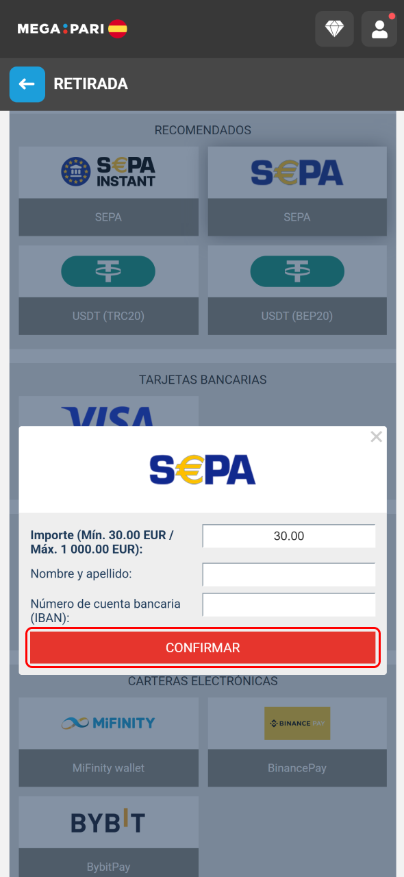 Envía la solicitud de retiro desde tu cuenta de MegaPari.