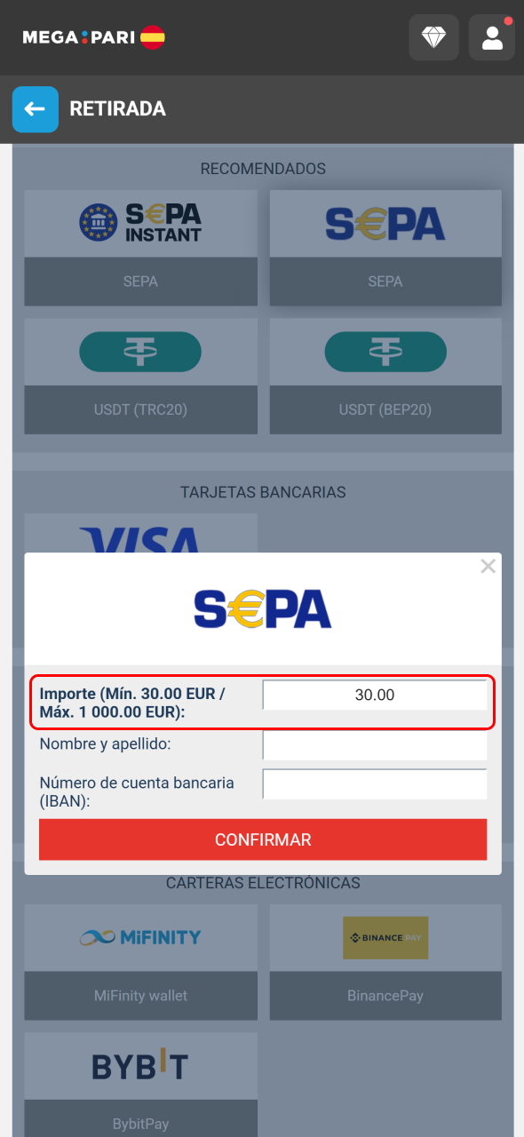 Introduce el importe del retiro y confirma los datos en MegaPari.