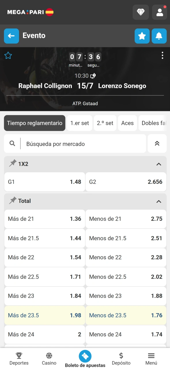 Elige un torneo o partido de tenis disponible en MegaPari.