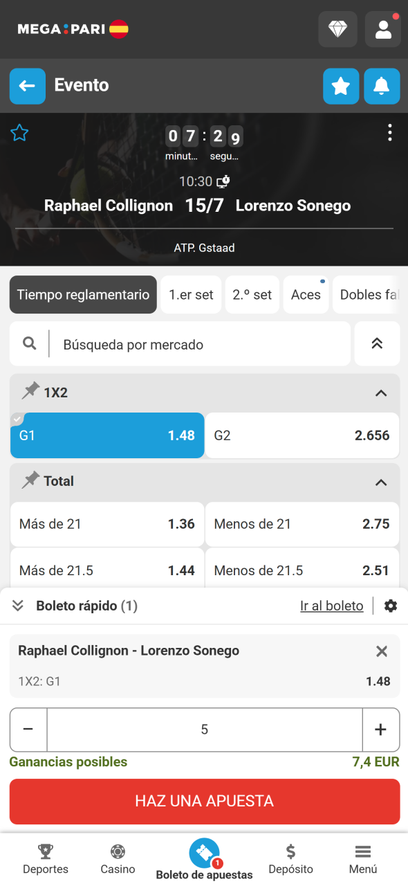 Selecciona tu mercado de tenis y confirma la apuesta en MegaPari.